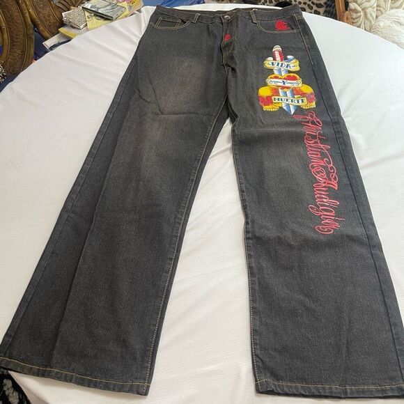 Christian Audigier Embroidered Baggy Hip Hop Jeans Vida Y Muerte Size 40 X 34 - Picture 1 of 11